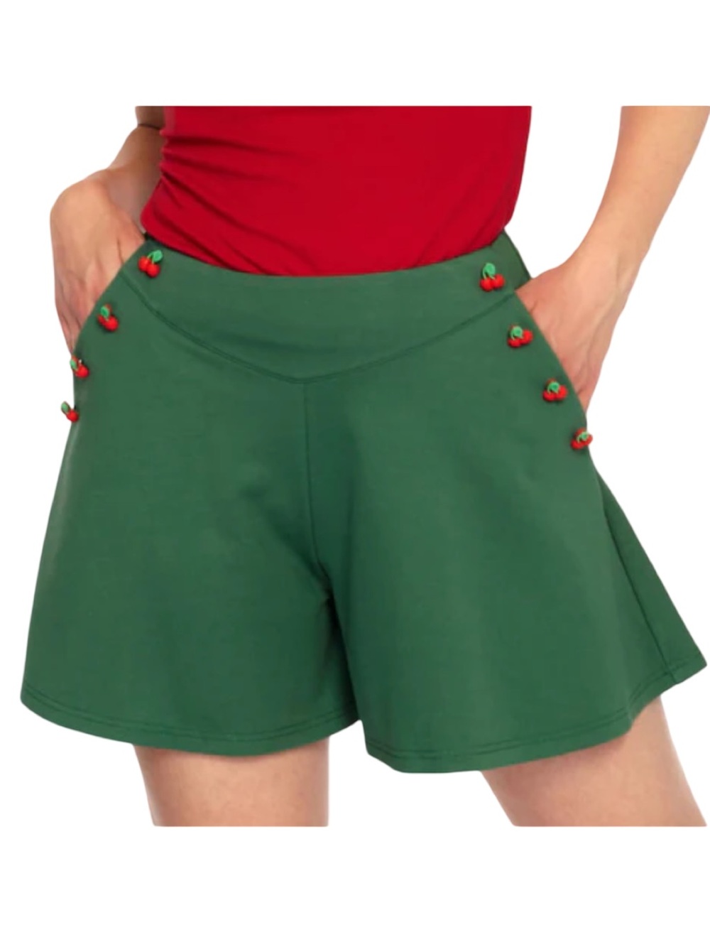 Voodoo Vixen Cherry Button Swing Shorts Green Jersey Knit Size 10